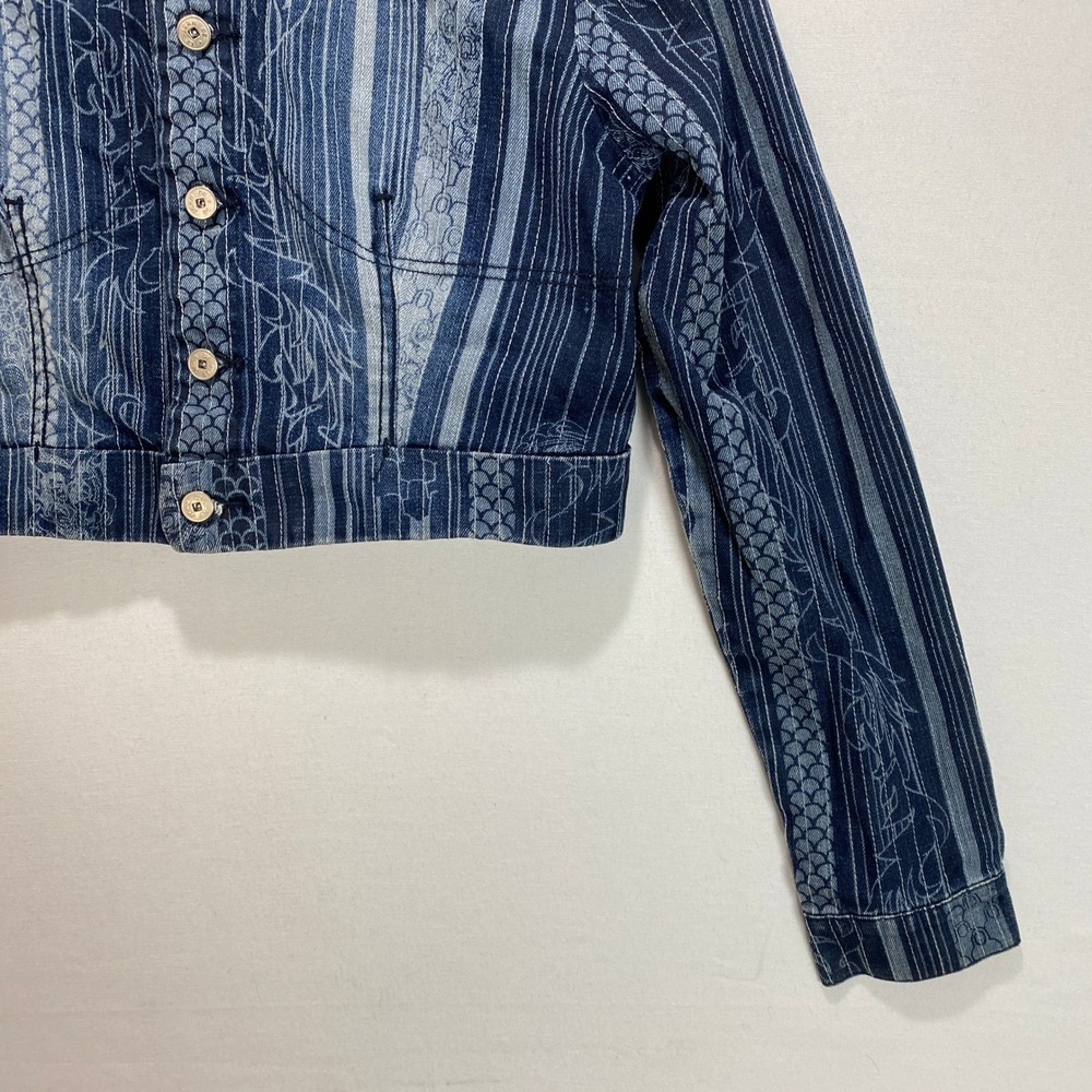 MARITHE FRANCOIS Womens Denim Jacket Blue Striped Dragon Print Cropped Size XL - Picture 4 of 9